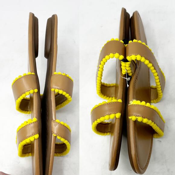 NEW Talbots Yellow Pom Pom Slide Sandals Tan Vegan Leather sz 11 M - Picture 3 of 9